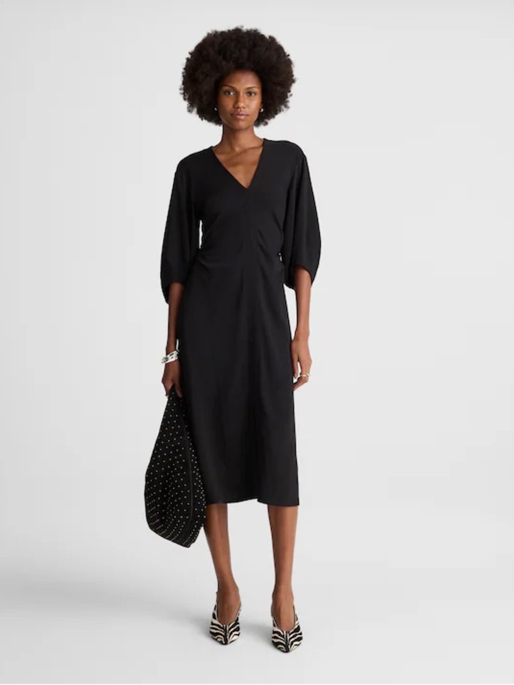 ‼️NEW Madewell Black V-Neck Ruched Midi Dress